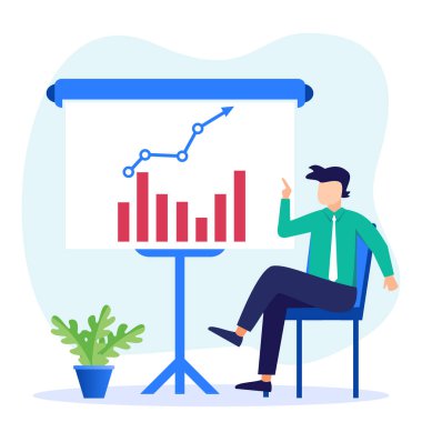 Modern tarz vektör çizimi. Çeşitli iş süreçleri simgeleri ve bilgi grafikleri olan başarılı bir iş adamı. İş grafikleri ve diyagramlar.