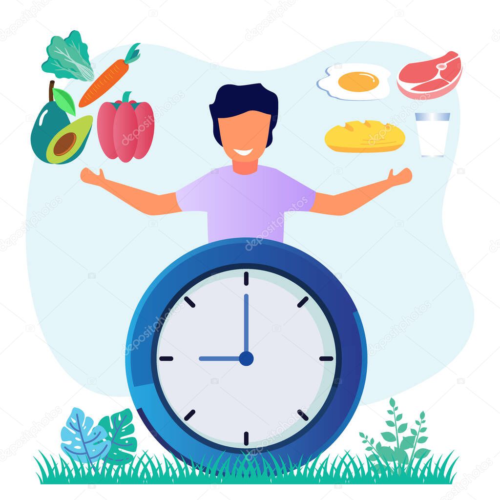 Vector illustration of healthy habits to lose weight and balance sugar with regular intervals for eating. Avoid evening calories and fast.