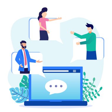 Uzaktan çalışma için çevrimiçi mesajlaşma kullanılarak yapılan bir iş toplantısının vektör illüstrasyonu. Esnek çalışma alanı konumu seçenekleri.