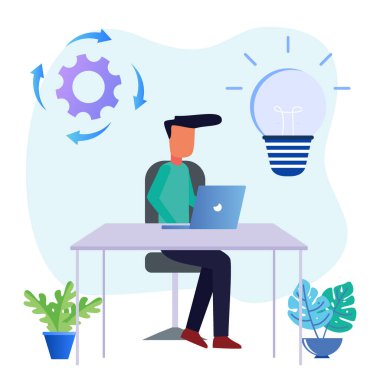 Flat style vector illustration. Freelancers Work Laptops Sitting at Desks at Work Thinking about Tasks. Brainstorming Freelance Outsourcing Worker Jobs. clipart