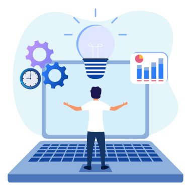 Yaratıcı fikir kavramının vektör çizimi, yenilik, başla. Dizüstü bilgisayardaki iş adamı karakteri ve ampul sembolüyle parlak bir fikir düşünüyor..