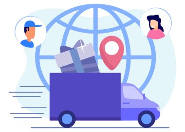 Düz Isometric Vektör Çizimi. Akıllı Lojistik Konsepti. Online Teslimat Servisi. Scooter 'daki kurye sipariş kutusunu gönderiyor. Sevkiyat İzleme Mobil Uygulaması ile akıllı telefon.