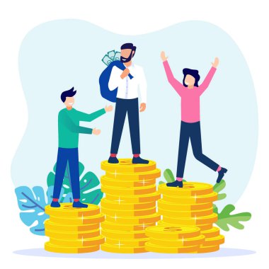 Girişimcilik finansmanı için para yardımı yapan meslektaşların vektör illüstrasyonu. Girişim yatırımı, fikir finansmanı ve yeni girişimciler veya şirketler için mali destek.