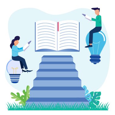 Eğitim kavramının ufkunun genişlemesi olarak öğrenmenin vektör illüstrasyonu. Akademik çalışmalar ve bilişsel akademik araştırmalar ile bilgi edinmek. Öğrenciler birbirlerine destek oluyor..