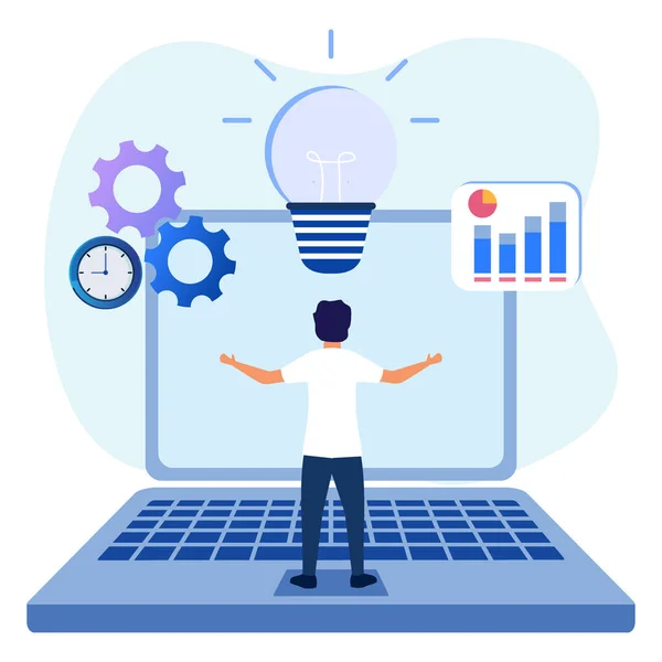 Векторная Иллюстрация Творческой Идеи Инновации Запуск Персонаж Бизнесмена Ноутбуке Блестящая — стоковый вектор