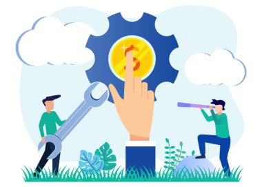 Bir iş hedefini hedef almanın vektör çizimi. Şirketin geliştirme prosedürü işe yarıyor. Etkili iş akışı optimizasyonu ve sistem izleme.