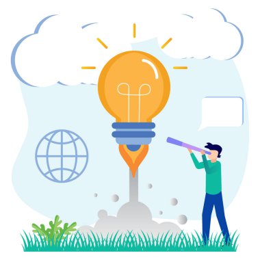 Yaratıcı fikrin vektör çizimi, yenilik, başlangıç konsepti. Karakter, ampul sembolüyle parlak bir fikir düşünüyor..