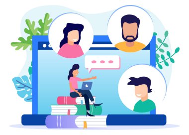 Çevrimiçi tartışma ve video konferans konseptinin düz vektör illüstrasyonu. İş arkadaşlarıyla video görüşmesi için bilgisayarla evden uzakta çalışan bir ofis çalışanı..