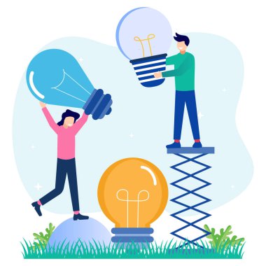 Düz çizgi film renkli vektör çizimi. Elinde ampul tutan mutlu dahi genç adam. Yenilikçi fikirler üretimi, yaratıcı düşünce, yaratıcılık ve hayal gücü kavramı..