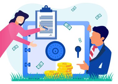 Düz Isometric Vektör Çizimi. Banknotlar, madeni belgeler bankanın binasında bulunmaktadır. Kamu Mali Denetim Konsepti.