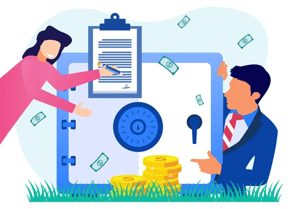 Düz Isometric Vektör Çizimi. Banknotlar, madeni belgeler bankanın binasında bulunmaktadır. Kamu Mali Denetim Konsepti.