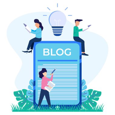 Dizüstü bilgisayardaki kadın karakterin vektör çizimi. Blog yazma, eğitim, yaratıcı yazma, web sayfaları, afişler, sunumlar, sosyal medya için içerik yönetimi kavramı.
