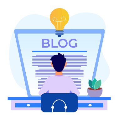 Dizüstü bilgisayardaki kadın karakterin vektör çizimi. Blog yazma, eğitim, yaratıcı yazma, web sayfaları, afişler, sunumlar, sosyal medya için içerik yönetimi kavramı.
