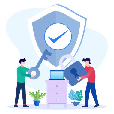 Düz izometrik vektör çizimi beyaz arkaplanda izole edildi. Veri koruması kavramı, dizüstü bilgisayarın etrafındaki kişinin karakteri. Web pankartları, bilgi grafikleri, kahraman resimleri için kullanılabilir.