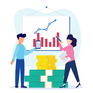 İş kavramlarının vektör illüstrasyonu, muhasebe, muhasebe ve denetim gelişmeleri olan iş adamları.