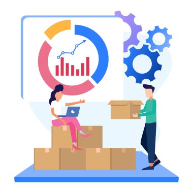 Hisse senedi ticareti düz stil vektör illüstrasyonu. Borsada Haritalar, Grafikler ve Diyagramlarla Hisse Senedi Yatırımını Analiz Eden İşadamı.