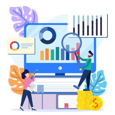 Düz izometrik vektör çizimi beyaz arkaplanda izole edildi. Mali denetim iş konsepti ve şirket verileri. Web pankartları, bilgi grafikleri, kahraman resimleri için kullanılabilir.