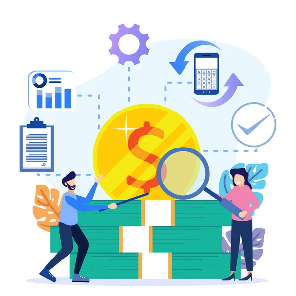 Düz izometrik vektör çizimi beyaz arkaplanda izole edildi. Mali denetim iş konsepti ve şirket verileri. Web pankartları, bilgi grafikleri, kahraman resimleri için kullanılabilir.