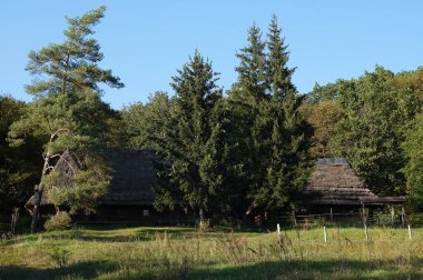 Kiev, Ukrayna 30 Eylül 2021: Kiev 'deki Ukrayna Halk Mimarisi ve Yaşamı Ulusal Müzesindeki Antik Ukrayna Kulübeleri