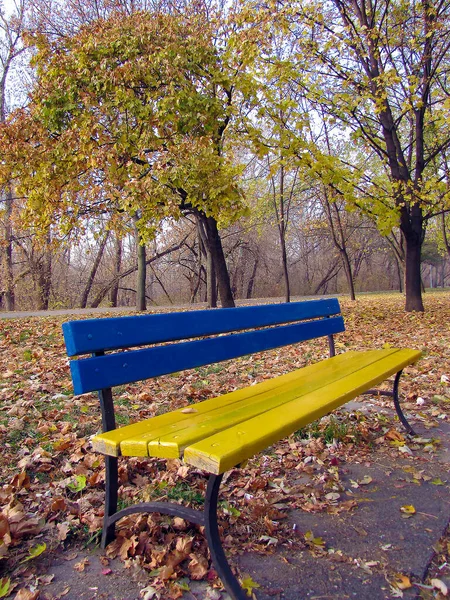 Lavička Žlutomodrá Podzimním Parku — Stock fotografie