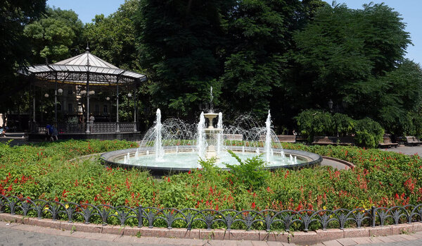 Odessa, Ukraine July 20, 2021: The main fountain of the city of Odessa on Deribasovskaya street