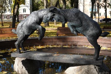 Chernihiv, Ukraine October 7, 2021: Monument - a fountain where Two goats butt heads is in the city of Chernihiv Ukraine