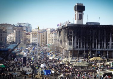 Kyiv, Ukraine March 8, 2014: Burnt house of trade unions on Maidan - Ukrainian revolution in Kyiv