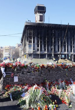 Kyiv, Ukraine March 8, 2014: Burnt house of trade unions on Maidan - Ukrainian revolution in Kyiv