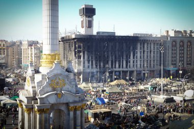 Kyiv, Ukraine March 8, 2014: Burnt house of trade unions on Maidan - Ukrainian revolution in Kyiv