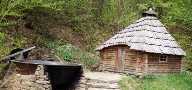 Vintage wooden houses high in the mountains of Transcarpathia Ukraine