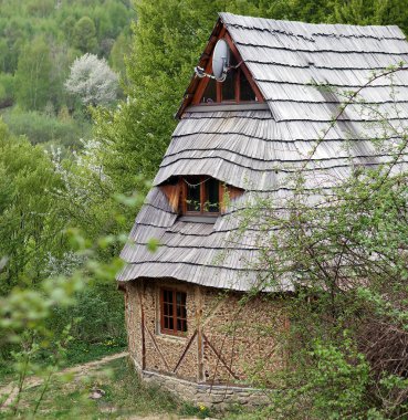 Vintage wooden houses high in the mountains of Transcarpathia Ukraine