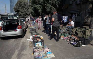 Kiev, Ukraine September 11, 2021: Flea market near Petrovka metro station in the city of Kiev