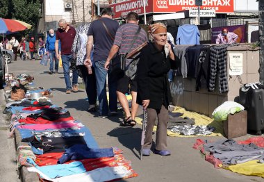 Kiev, Ukraine September 11, 2021: Flea market near Petrovka metro station in the city of Kiev
