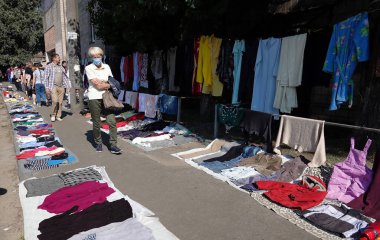 Kiev, Ukraine September 11, 2021: Flea market near Petrovka metro station in the city of Kiev