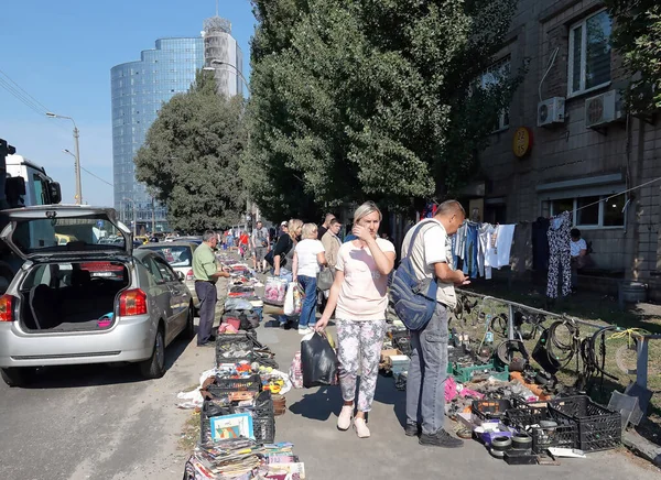 Kiev, Ukraine September 11, 2021: Flea market near Petrovka metro station in the city of Kiev