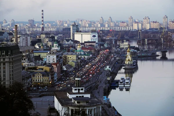 Kiev, Ukraine November 19, 2019: Top view of the river port, church on the water and the Dnieper River in the city of Kiev