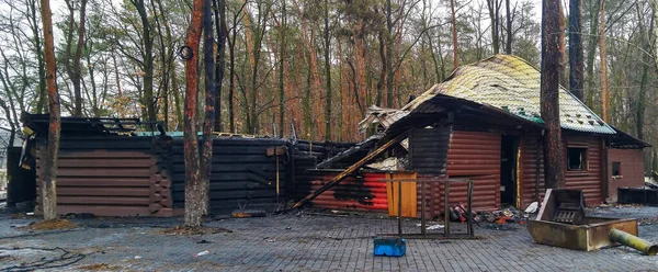 Kiev, Ukraine December 15, 2020: Restaurant after a fire in the Park of Partisan Glory in the city of Kiev