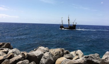Madeira, Portugal June 23, 2017: Pirate sailboat sailing in a beautiful bay.