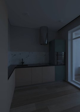 Modern tarzda küçük bir mutfağın içinde. İyi geceler. Akşam aydınlatması. 3B görüntüleme.