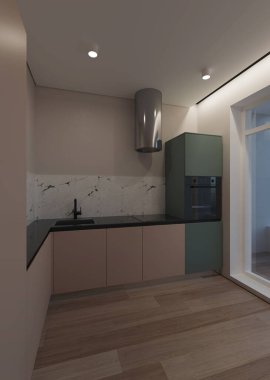 Modern tarzda küçük bir mutfağın içinde. İyi geceler. Akşam aydınlatması. 3B görüntüleme.