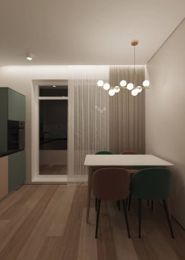 Modern tarzda küçük bir mutfağın içinde. İyi geceler. Akşam aydınlatması. 3B görüntüleme.