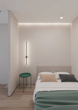 Küçük yatak odasının içi. 3B görüntüleme.