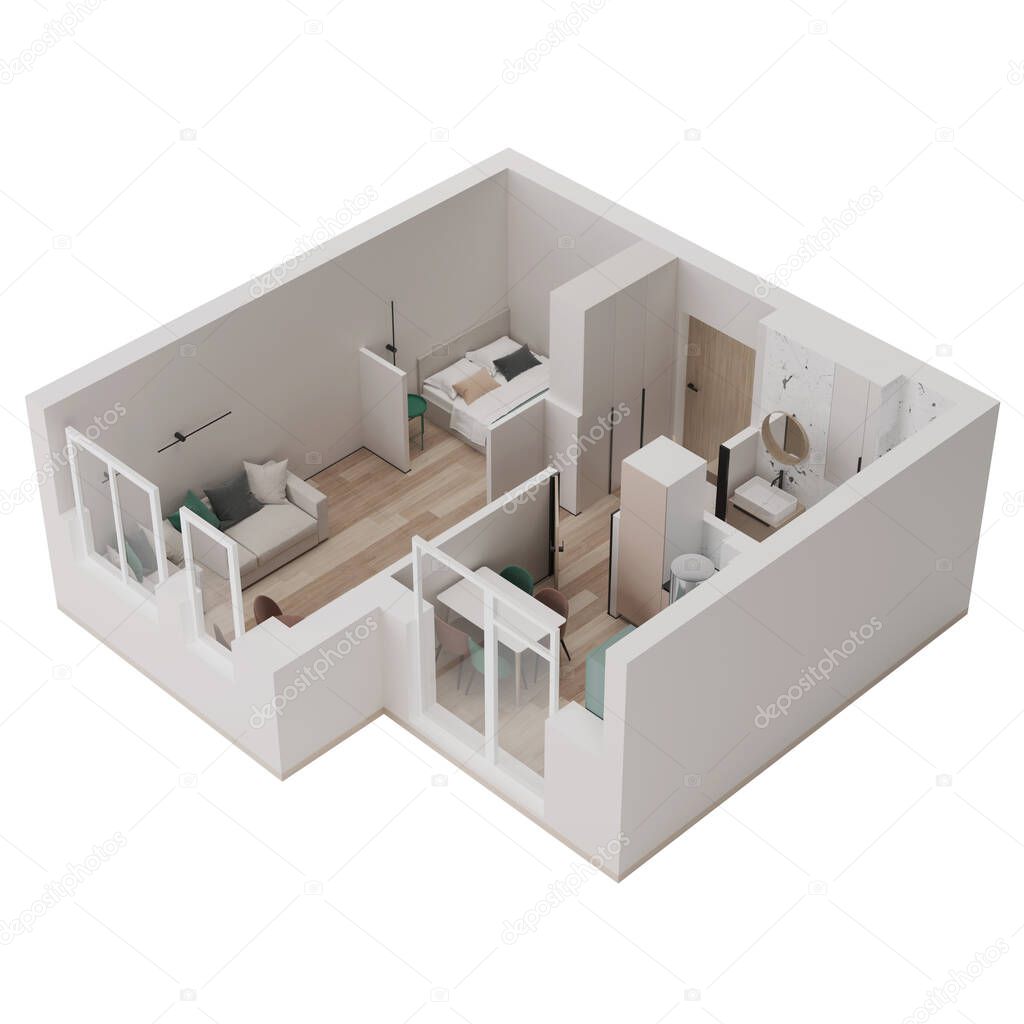 Small apartment design. The layout of the premises. Space zoning. View from above. 3D rendering.