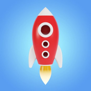 Roket fırlatma, gemi. Piyasaya bir iş ürünü sürüyorum. 3B görüntüleme.