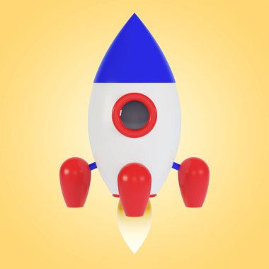 Roket fırlatma, gemi. Piyasaya bir iş ürünü sürüyorum. 3B görüntüleme.