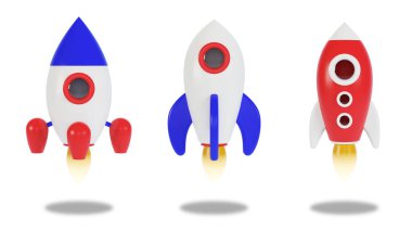 Roket fırlatma, gemi. Piyasaya bir iş ürünü sürüyorum. 3B görüntüleme.