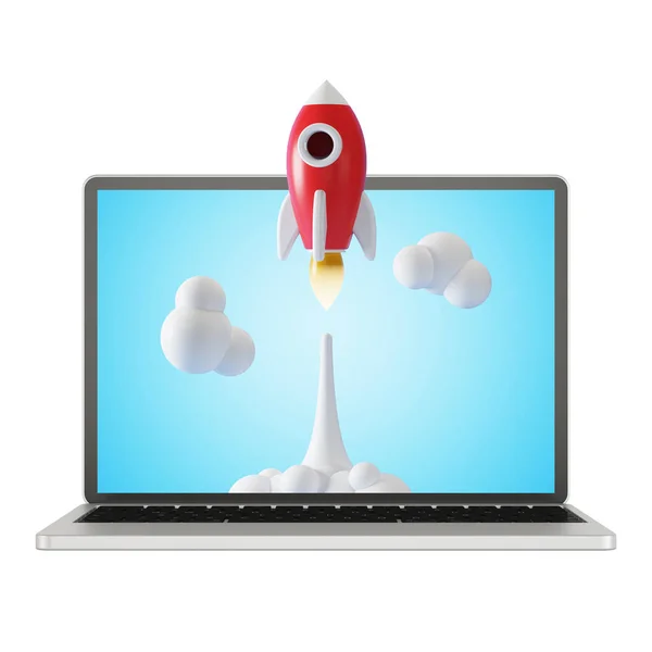 Raketa Odpálena Laptopu Koncept Uvedení Obchodního Produktu Trh Vykreslování — Stock fotografie