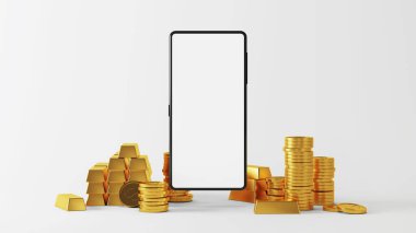 Altınla çevrili akıllı telefon. 3B görüntüleme.
