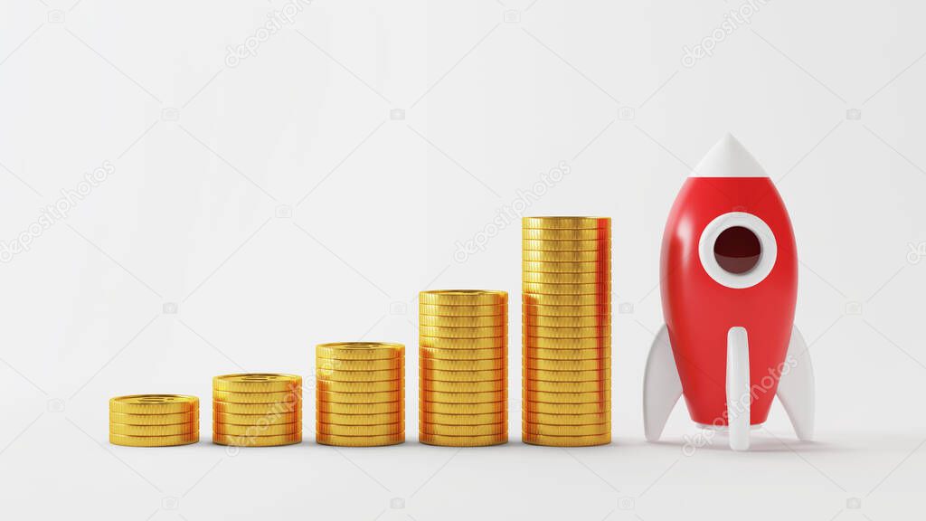 A stack of coins with a rocket. Starting a business. Sales boost chart. 3D rendering.