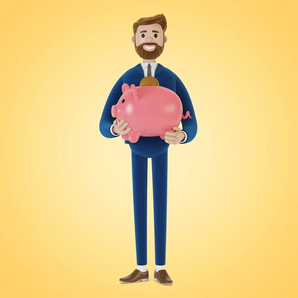 卡通人物与小猪银行 3D说明 免版税图库图片